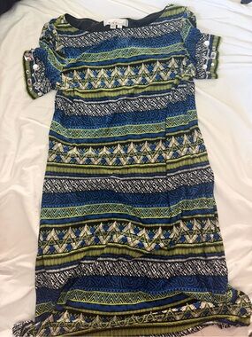 Kelly & Diane Colorful Geometric Tribal Print Dress Women’s 10 Vibrant Blue Blac